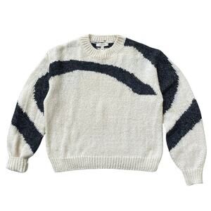 Grade & Gather M Fuzzy Knit Sweater | Cream Black Abstract Striped Pullover Soft